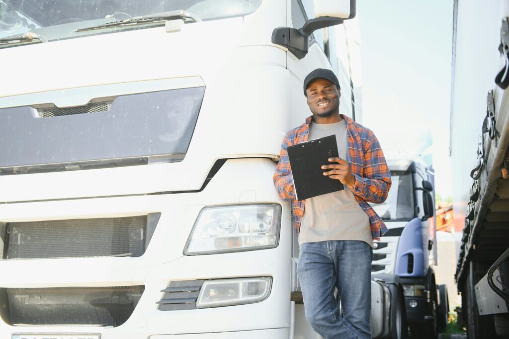 African American truck dispatcher inspecting a vehicle on a parking lot